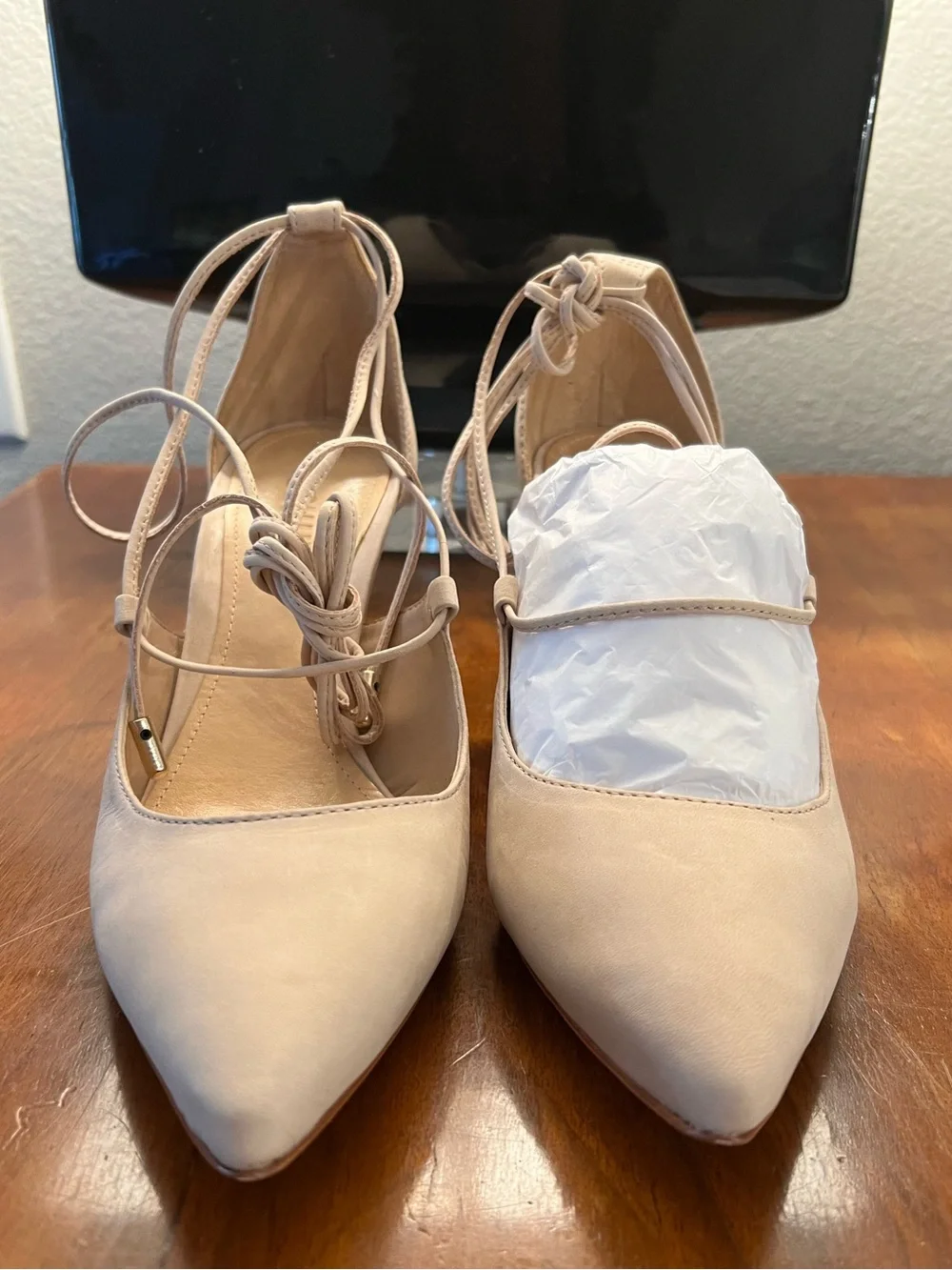Schutz Nude Nubuck Leather Lace Up Wedge Heels Size 8 NIB